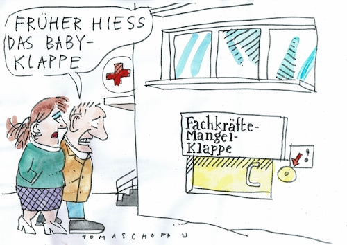 Cartoon: Babyklappe (medium) by Jan Tomaschoff tagged geburt,baby,fachkräftemangel,geburt,baby,fachkräftemangel