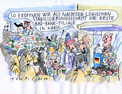 Cartoon: Bad Bank (medium) by Jan Tomaschoff tagged bad,bank,wirtschaftskrise,kabul,bundeswehr