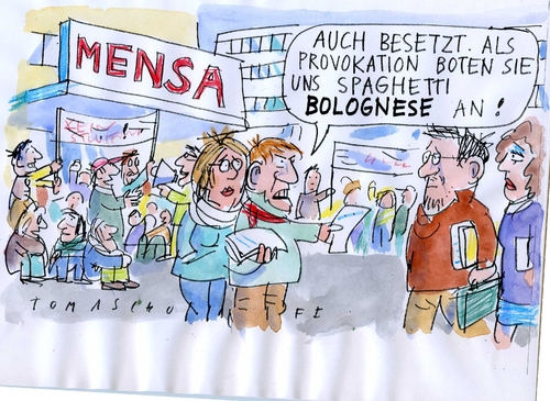 Cartoon: Bologna (medium) by Jan Tomaschoff tagged studentenstreik,uni,studium,bildung,bachelor,bologna,studentenstreik,studenten,uni,universtität,bachelor,bildung,bologna,studium,mensa