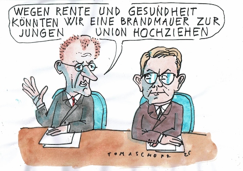 Cartoon: Brandmauer (medium) by Jan Tomaschoff tagged cdu,merz,linnemann,rente,gesundheit,cdu,merz,linnemann,rente,gesundheit