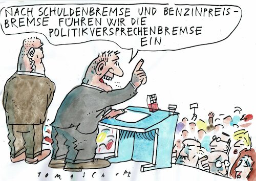 Cartoon: Bremse (medium) by Jan Tomaschoff tagged versprechen,wahlkampf,versprechen,wahlkampf