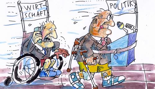 Cartoon: Dynamisches Duo (medium) by Jan Tomaschoff tagged wirtschaftskrise,politik,wirtschaft,cartoon,cartoons,politik,wirtschaft,wirtschafstkrise,finanzkrise,geld,finanzen,rennen,lauf,wettbewerb,krise,duo,sport,rollstuhl,angeschlagen