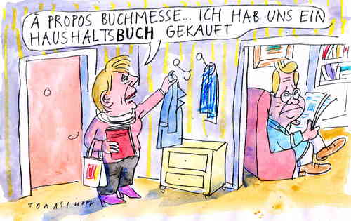 Cartoon: Buchmesse (medium) by Jan Tomaschoff tagged frankfurter,buchmesse,merkel,westerwelle,haushalt,staatsverschuldung