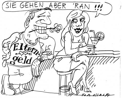 Cartoon: Elterngeld (medium) by Jan Tomaschoff tagged elterngeld,elterngeld,eltern,familie,flirt,flirten,partnersuche,beziehung,ehe,geld,finanzen,bürger,existenz,existenzsicherung,kinder,vater,mutter,nachwuchs,geburten,geburt,geburtenrate,attraktiv,angebot