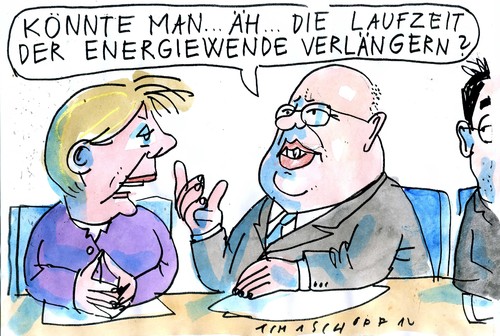 Cartoon: Energiewende (medium) by Jan Tomaschoff tagged energiewende,laufzeit,akw,altmaier,merkel