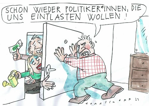 Cartoon: entlasten (medium) by Jan Tomaschoff tagged politiker,finanzen,schulden,steuern,abgaben,politiker,finanzen,schulden,steuern,abgaben