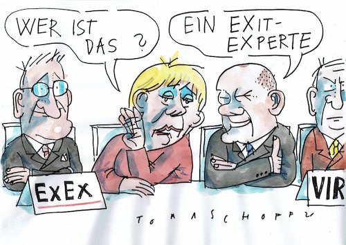 Cartoon: Exit (medium) by Jan Tomaschoff tagged pandemie,exit,merkel,scholz,pandemie,exit,merkel,scholz