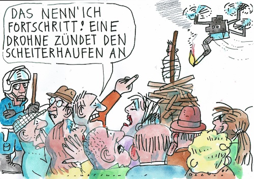 Cartoon: Fortschritt (medium) by Jan Tomaschoff tagged technik,ethik,drohnen,totalitarismus,intoleranz,technik,ethik,drohnen,totalitarismus,intoleranz