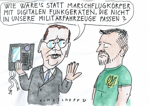 Cartoon: Funkgerät (medium) by Jan Tomaschoff tagged ukraine,krieg,funkgeräte,bundeswehr,pistorius,ukraine,krieg,funkgeräte,bundeswehr,pistorius