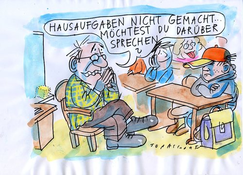 Cartoon: hausaufgaben (medium) by Jan Tomaschoff tagged schule,wissen,bildung,schüler,hausaufgaben,pädagoge,schule,hausaufgaben,schüler,pädagoge,wissen,konflikt,leistung,bildung,verweigerung,pubertät,jugend,jugendliche,sprechen,ausspreche,probleme