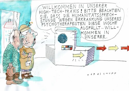 Cartoon: Humanitätssprechstunde (medium) by Jan Tomaschoff tagged maschine,mensch,gesundheit,zuwendung,maschine,mensch,gesundheit,zuwendung