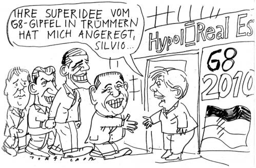 Cartoon: Hypo Real Estate (medium) by Jan Tomaschoff tagged hypo,real,estate,g8,merkel,berlusconi,gipfel,aquila