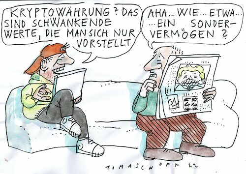 Cartoon: Krypto (medium) by Jan Tomaschoff tagged geld,währung,krioptowährung,hausahlt,schulden,geld,währung,krioptowährung,hausahlt,schulden