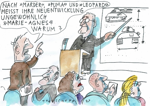 Cartoon: Marie-Agnes (medium) by Jan Tomaschoff tagged rüstung,waffen,strack,zimmermann,rüstung,waffen,strack,zimmermann