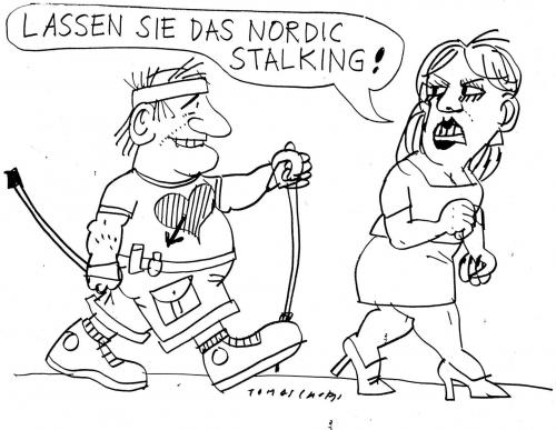 Cartoon: Nordic Stalking (medium) by Jan Tomaschoff tagged nordic,walking,breitensport,bewegung,freizeit,fitness,anmache,anbaggern,anglizismen,nordic walking,stalker,stalking,frau,mann,partnersuche,flirt,anmache,anbaggern,anglizismen,anglizismus,sport,fitness,trend,belästigung,belästigen,sexuelle belästigung,fan,groupie,verfolgen,verfolger,jagen,nachspionieren,spionage,spionieren,kontrolle,kontrollieren,männer,liebe,sehnsucht,eifersucht,besitzanspruch,nordic,walking,sexuelle