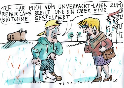 Cartoon: öko logisch (medium) by Jan Tomaschoff tagged umweltschutz,engagement,eifer,umweltschutz,engagement,eifer,unverpackt,laden,repair,cafe,biotonne,gipsbein,unfall,ökologie,abfall,vermeiden,plastikmüll,krankenhaus