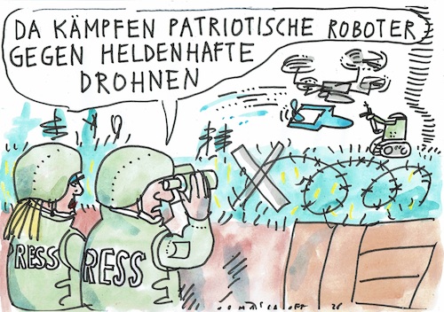 Cartoon: Patrioten (medium) by Jan Tomaschoff tagged krieg,menschen,roboter,drohnen,heldentum,lügen,krieg,menschen,roboter,drohnen,heldentum,lügen