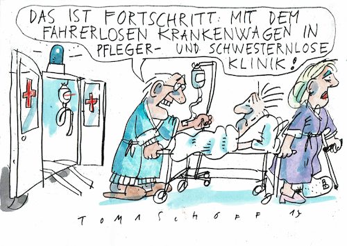 Cartoon: Personalnot (medium) by Jan Tomaschoff tagged gesubdheitswesen,fachkräftemangel,gesundheitswesen,fachkräftemangel,fortschritt,krankenhaus,patient,patientin,einsparung,roboter,notfall,selbstfahrend,gipsbein,bett,klinik,chirurgie,tomaschoff,karikatur