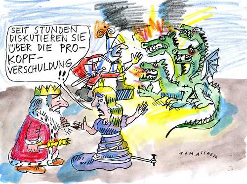 Cartoon: Prokopfverschuldung (medium) by Jan Tomaschoff tagged staatsverschuldung,staatsverschuldung,schulden