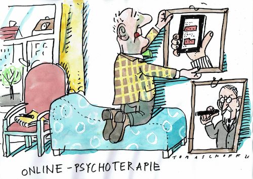 Cartoon: Psychotrherapie online (medium) by Jan Tomaschoff tagged psychotherapie,begegnung,internet,app,handy,psychotherapie,begegnung,internet,app,handy