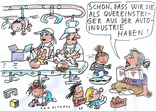 Cartoon: Quer (medium) by Jan Tomaschoff tagged kita,fachkräftemangel,autoindustrie,kita,fachkräftemangel,autoindustrie