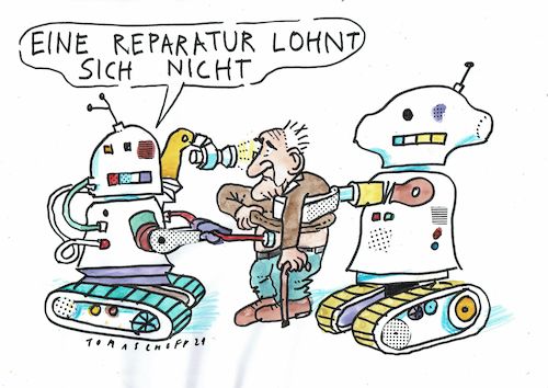 Cartoon: Reparatur (medium) by Jan Tomaschoff tagged mensch,maschine,roboter,gesundheit,alter,mensch,maschine,roboter,gesundheit,alter