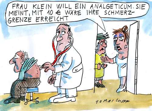 Cartoon: schmerzgrenze (medium) by Jan Tomaschoff tagged schmerzgrenze,patient,arzt,krankenkasse,gebühren,praxisgebühr,schmerzgrenze,patient,arzt,krankenkasse,gebühren,praxisgebühr,ärzte,schmerzen