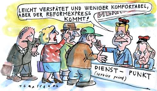 Cartoon: service (medium) by Jan Tomaschoff tagged bahn,db,service,bahn,db,service,deutsche bahn,transport,guido westerwelle,express,reformen,reform,verspätung,deutsche,guido,westerwelle