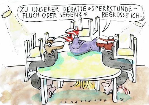 Cartoon: Sperrstunde (medium) by Jan Tomaschoff tagged corona,abstand,sperrstunde,corona,abstand,sperrstunde