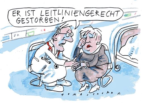 Cartoon: Sterben (medium) by Jan Tomaschoff tagged apparatemedizin,gesundheitssystem,arzt,apparatemedizin,gesundheitssystem,arzt