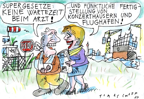Cartoon: Super Gesetz (medium) by Jan Tomaschoff tagged wartezeit,arzt,bauverzögerungen,wartezeit,arzt,bauverzögerungen