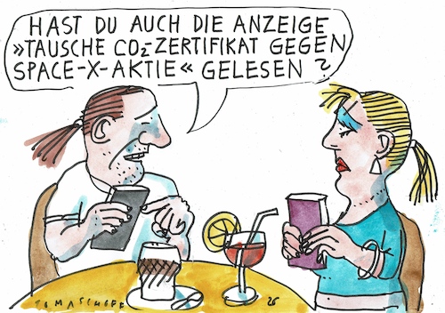 Cartoon: Tausch (medium) by Jan Tomaschoff tagged musk,spacex,aktien,co2,zertifikate,musk,spacex,aktien,co2,zertifikate