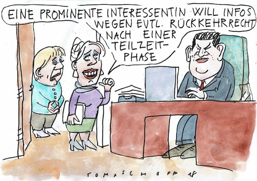 Cartoon: Teilzeitfalle (medium) by Jan Tomaschoff tagged merkel,rücktritt,karriere,merkel,rücktritt,karriere