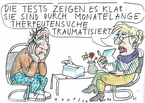 Cartoon: Therapeutensuche (medium) by Jan Tomaschoff tagged psyche,psychotherapie,therapeutenmangel,psyche,psychotherapie,therapeutenmangel