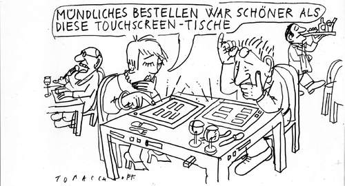 Cartoon: touch screen (medium) by Jan Tomaschoff tagged touch,screen,restaurant,gastronomie,bestellen,technik,touch screen,restaurant,gastronomie,bestellen,technik,technologie,touch,screen