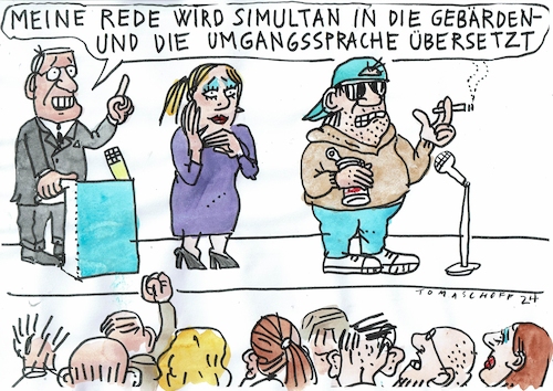 Cartoon: Übersetzung (medium) by Jan Tomaschoff tagged politik,wissenschaft,sprache,umgangssprache,politik,wissenschaft,sprache,umgangssprache