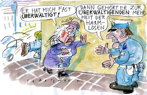 Cartoon: überwältigt (medium) by Jan Tomaschoff tagged harmlos,überwältigen,überfall,kriminalität,polizei,mehrheit,harmlos,überwältigen,überfall,kriminalität,polizei,mehrheit,oma,klauen,stehlen,räuber,dieb,hilfe