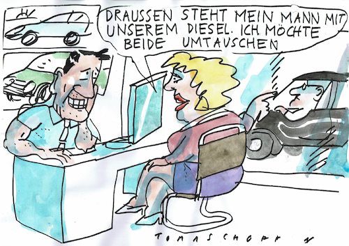 Cartoon: Umtausch (medium) by Jan Tomaschoff tagged diesel,autos,diesel,autos