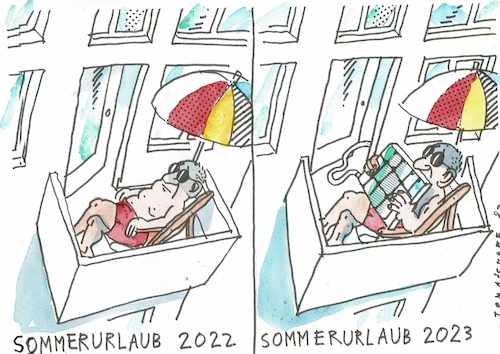 Cartoon: Urlaub (medium) by Jan Tomaschoff tagged urlaub,reisen,balkon,strom,fotovoltaik,urlaub,reisen,balkon,strom,fotovoltaik