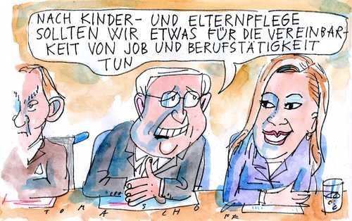 Cartoon: Vereinbarkeit (medium) by Jan Tomaschoff tagged kinder,elternpflege,job,berufe