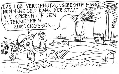 Cartoon: Verschmutzungsrechte (medium) by Jan Tomaschoff tagged wirtschaftskrise,rezession,milliardenpaket,staatsbürgschaften,emissionshandel