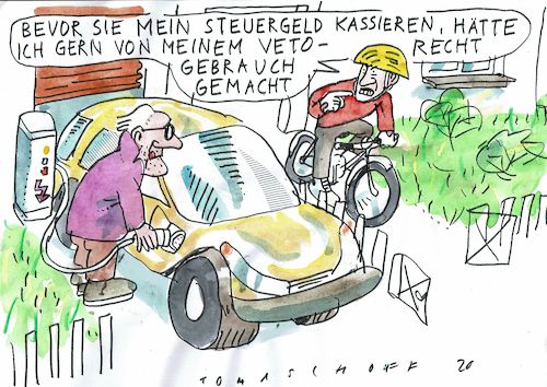 Cartoon: Veto (medium) by Jan Tomaschoff tagged elektroauti,kaufprämie,elektroauti,kaufprämie