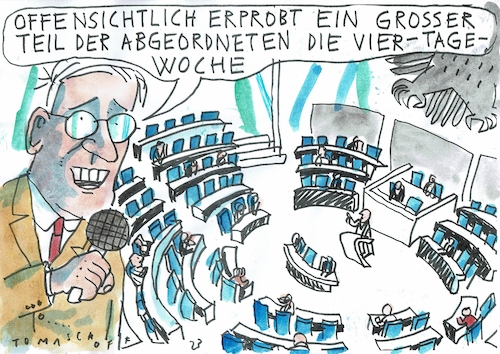 Cartoon: Viertagewoche (medium) by Jan Tomaschoff tagged bunsetag,arbeitszeit,viertagewoche,bunsetag,arbeitszeit,viertagewoche
