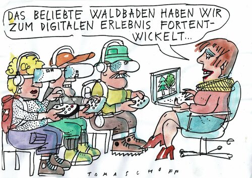 Cartoon: Waldbaden (medium) by Jan Tomaschoff tagged natur,technik,digitalisierung,realität,natur,technik,digitalisierung,realität