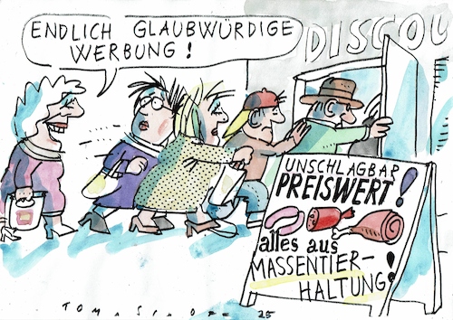 Cartoon: Werbung (medium) by Jan Tomaschoff tagged tierhaltung,bio,lebensmittel,preise,tierhaltung,bio,lebensmittel,preise