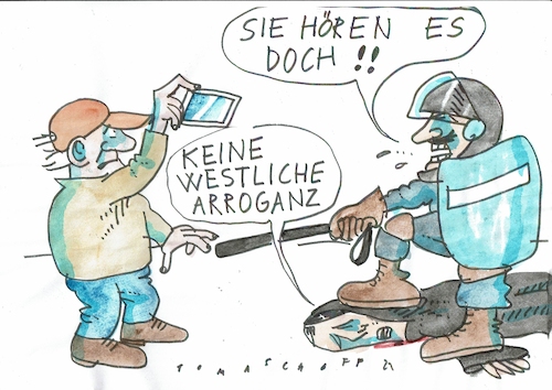 Cartoon: westliche Arroganz (medium) by Jan Tomaschoff tagged diktaturen,polizeigewalt,abschottung,diktaturen,polizeigewalt,abschottung