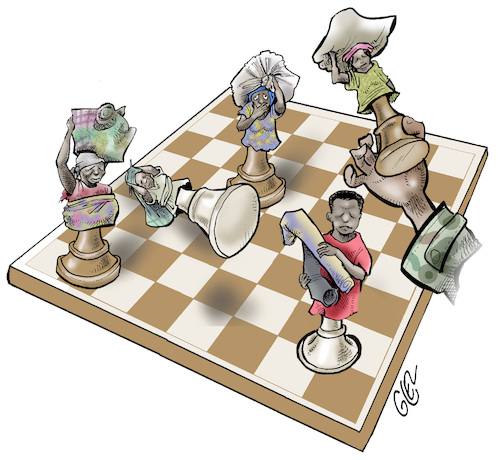 Cartoon: Refugees are pawns (medium) by Damien Glez tagged refugees,conflicts,war,exile,africa,immigration,refugees,conflicts,war,exile,africa,immigration