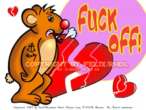 Cartoon: Rockys Goodbye (medium) by FeliXfromAC tagged nice,animals,tiere,tier,logos,sympathiefiguren,mascots,wallpapers,characters,characterdesign,figuren,hey,melde,dich,whimsical,felix,alias,design,line,bär,bear,red,love,herzen,beziehung,aachen,fuck,off,
