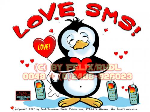Cartoon: Paolo Pingo-Love SMS! (medium) by FeliXfromAC tagged nice,animals,tiere,tier,logos,sympathiefiguren,illustration,mascots,wallpapers,characters,characterdesign,figuren,hey,melde,dich,whimsical,felix,alias,reinhard,horst,design,line,red,love,herzen,beziehung,aachen,pinguin,perdita,pingo,penguine,greeting,card