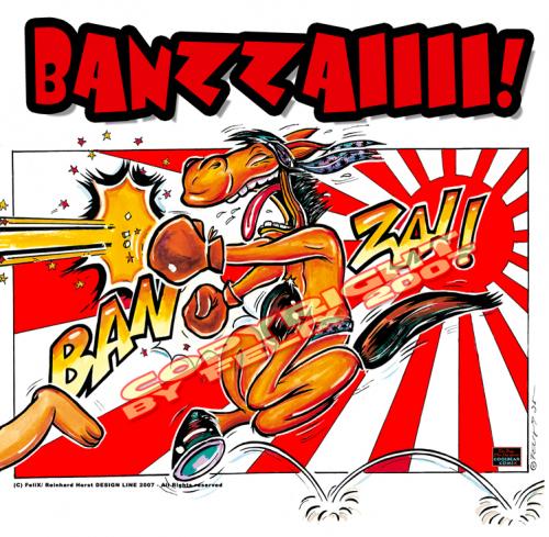 Cartoon: Roleplay-Rollenspiel Illu BANZAI (medium) by FeliXfromAC tagged roleplay,game,rollenspiel,animals,tiere,tier,poster,cartoon,classic,felix,alias,reinhard,horst,design,line,banzai,japan,sport,kamikaze,toon,aachen,horse,stockart,